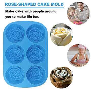 SENHAI Large Rose Flower Silicone Tray for Cake Bread Pudding Chocolate Muffin Soap, 6-Cavity 3D Ice Cube Handmade Molds- Purple & Blue & Pink