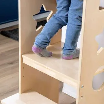 Guidecraft Jr. Classic Kitchen Helper Step-Up - Natural: Montessori Toddler Tower for Kids | Adjustable Height Wooden Learning Step Stool for Bathroom and Cooking