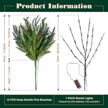 Norfolk Pine Christmas Branches with Lights & Pine Cones