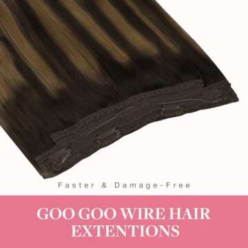 GOO GOO Wire Hair Extensions Human Hair, 2/6/2 Dark Brown with Chestnut Brown Balayage 14inch 75g, Invisible Wire Hair Extensions with Transparent, Seamless Fish Line Hairpiece