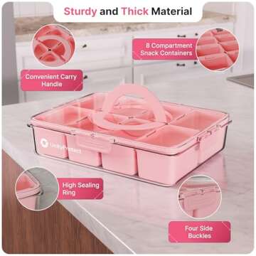 UnityProtect Snackle Box Container with Lid & Handle – Portable Snacklebox and Divided Snack Organizer – 8 Removable Compartments for Charcuterie, Fruits, Nuts & Travel (Pink)