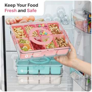 UnityProtect Snackle Box Container with Lid & Handle – Portable Snacklebox and Divided Snack Organizer – 8 Removable Compartments for Charcuterie, Fruits, Nuts & Travel (Pink)