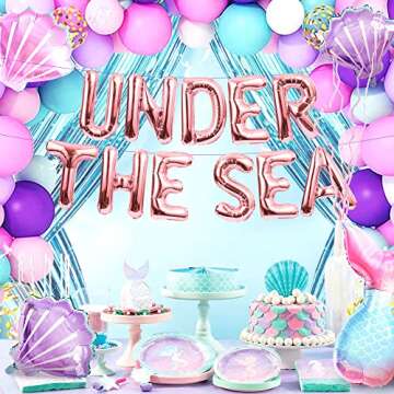 LaVenty 124 PCS Under the Sea Balloons Under the Sea Backdrop for Under the Sea Mermaid Birthday Decoration Under the Sea Baby Shower Bachelorette Party