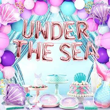 LaVenty 124 PCS Under the Sea Balloons Under the Sea Backdrop for Under the Sea Mermaid Birthday Decoration Under the Sea Baby Shower Bachelorette Party