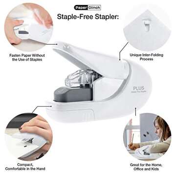 Plus Paper Clinch Compact Staple-Free Stapler, Ivory White
