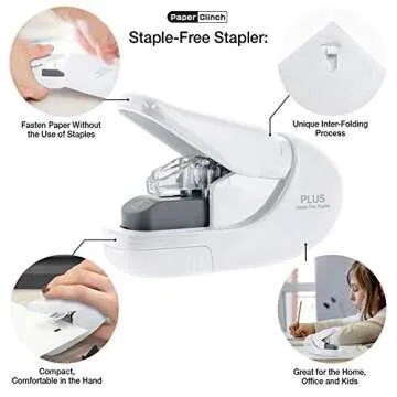 Plus Paper Clinch Compact Staple-Free Stapler, Ivory White