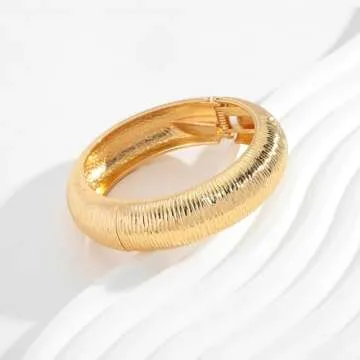 WOWORAMA Striped Gold Bangle Bracelets for Women Chunky Gold Hinged Cuff Bracelets Thick Wide Cuff Bangles Round Frill Arm Cuffs Statement Bracelets
