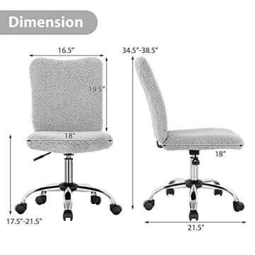 Giantex Faux Fur Office Chair, Armless Home Desk Chair, Height Adjustable Swivel Cute Chair, Middle Back Chair w/Chrome Base, Modern Fuzzy Vanity Chair, Rolling Task Chair for Study Bedroom (Grey)