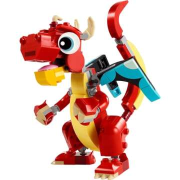 LEGO Creator 3 in 1 Red Dragon Toy, Transforms from Dragon Toy to Fish Toy to Phoenix Toy, Gift Idea for Boys and Girls Ages 6 and Up, Animal Toy Set for Kids, 31145