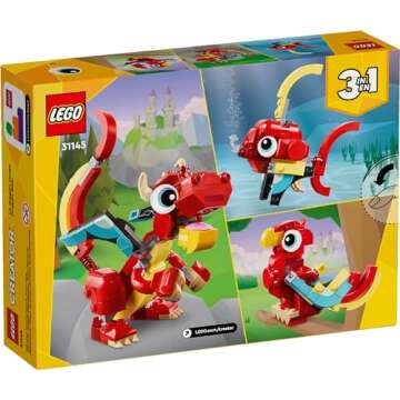 LEGO Creator 3 in 1 Red Dragon Toy, Transforms from Dragon Toy to Fish Toy to Phoenix Toy, Gift Idea for Boys and Girls Ages 6 and Up, Animal Toy Set for Kids, 31145