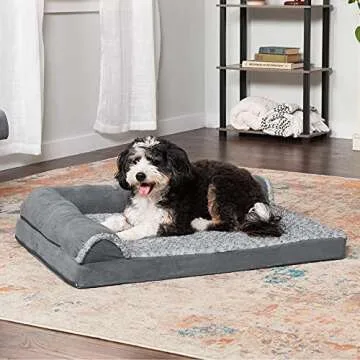 Furhaven Orthopedic Dog Bed for Large/Medium Dogs w/ Removable Bolsters & Washable Cover, For Dogs Up to 55 lbs - Two-Tone Plush Faux Fur & Suede L Shaped Chaise - Stone Gray, Large
