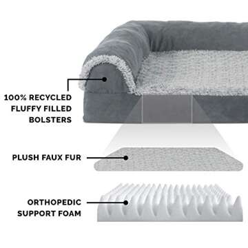 Furhaven Orthopedic Dog Bed for Large/Medium Dogs w/ Removable Bolsters & Washable Cover, For Dogs Up to 55 lbs - Two-Tone Plush Faux Fur & Suede L Shaped Chaise - Stone Gray, Large