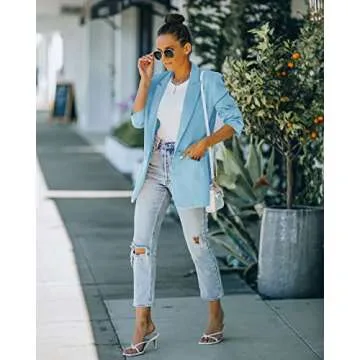 Chic Women's Blazer and Shorts Suit Sets in Light Blue