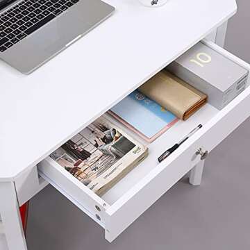 Lipo Corner Desk with Drawers for Small Space, Computer Desk with Storage Shelves, Makeup Vanity Desk, 90 Degrees Triangle Wood Modern Writing Study Table Home Office Desks for Bedroom, White