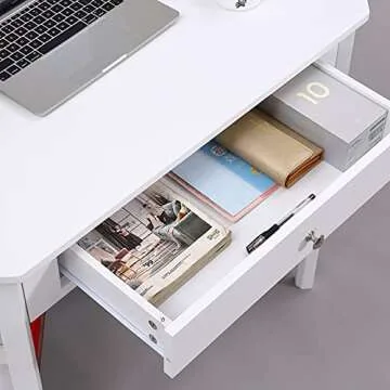 Lipo Corner Desk with Drawers for Small Space, Computer Desk with Storage Shelves, Makeup Vanity Desk, 90 Degrees Triangle Wood Modern Writing Study Table Home Office Desks for Bedroom, White