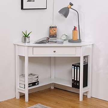 Lipo Corner Desk with Drawers for Small Space, Computer Desk with Storage Shelves, Makeup Vanity Desk, 90 Degrees Triangle Wood Modern Writing Study Table Home Office Desks for Bedroom, White