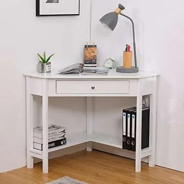 Lipo Corner Desk with Drawers for Small Space, Computer Desk with Storage Shelves, Makeup Vanity Desk, 90 Degrees Triangle Wood Modern Writing Study Table Home Office Desks for Bedroom, White