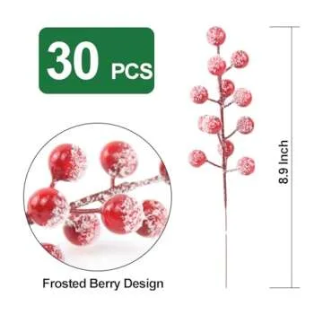 Feitore 30 Pack Snow Frosted Red Berry Stems 8.9" Holly Frosted Berry Picks Snowy Artificial Red Berries for Christmas Tree Filler Picks and Sprays Holiday DIY Crafts Christmas Decor