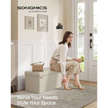 SONGMICS Mazie Collection - 30 Inches Folding Storage Ottoman Bench, Ottoman Foot Rest, End of Bed Bench, Storage Chest, Load 660 lb, for Living Room, Bedroom, Entryway, Cream White ULSF47BE