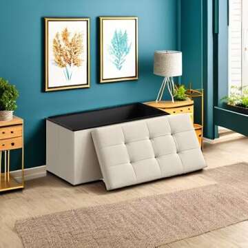 SONGMICS Mazie Collection - 30 Inches Folding Storage Ottoman Bench, Ottoman Foot Rest, End of Bed Bench, Storage Chest, Load 660 lb, for Living Room, Bedroom, Entryway, Cream White ULSF47BE