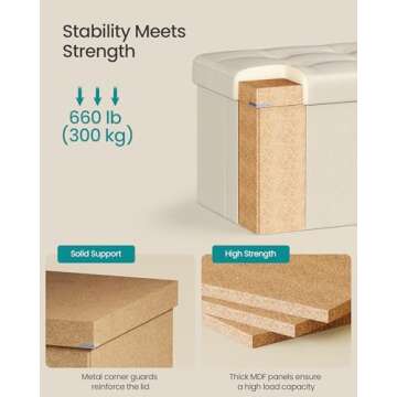 SONGMICS Mazie Collection - 30 Inches Folding Storage Ottoman Bench, Ottoman Foot Rest, End of Bed Bench, Storage Chest, Load 660 lb, for Living Room, Bedroom, Entryway, Cream White ULSF47BE