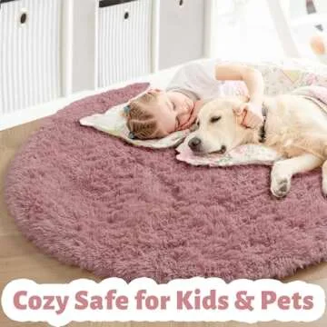 Blush Round Rug for Bedroom, Soft and Fluffy Circle Rug Ideal for Kids Room, Chic Furry Carpet for T...