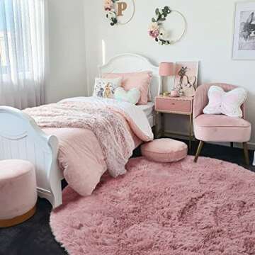 Blush Round Rug for Bedroom,Fluffy Circle Rugs 5'X5' for Kids Room,Furry Carpet for Teen Girls Room,Shaggy Circular Rug for Nursery Room,Fuzzy Plush Rug for Dorm,Blush Carpet,Cute Room Decor for Baby