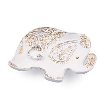 LARAINE Jewelry Tray Elephant Shape Vintage Trinket Ring Earrings Organizer Storage Desk Ornaments Dish Plate Stand Display Decorative Dish Jewelry Holder 3.7 x 2.9 x 0.6inch (White)
