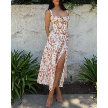 Seyumixi Summer Floral Maxi Dress for Women Spaghetti Strap Square Neck Ruffle Aline Long Dress Cottagecore Bustier Sundress（A Floral red，Small）