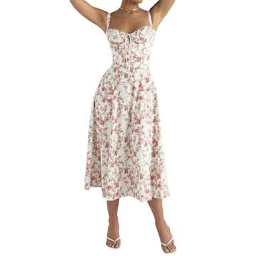 Seyumixi Summer Floral Maxi Dress for Women Spaghetti Strap Square Neck Ruffle Aline Long Dress Cottagecore Bustier Sundress（A Floral red，Small）