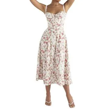 Seyumixi Summer Floral Maxi Dress for Women Spaghetti Strap Square Neck Ruffle Aline Long Dress Cottagecore Bustier Sundress（A Floral red，Small）