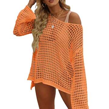 KYLASIEN Women's Swimwear Cover Ups Crochet Long Sleeve Bathing Suit 2023 Summer Loose Hollow Out Knit Swimsuit Casual Beach Bikini Mesh Tunic Tops A Orange
