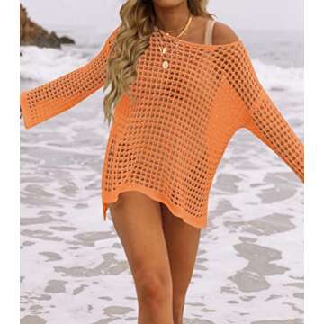 KYLASIEN Women's Swimwear Cover Ups Crochet Long Sleeve Bathing Suit 2023 Summer Loose Hollow Out Knit Swimsuit Casual Beach Bikini Mesh Tunic Tops A Orange