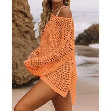 KYLASIEN Women's Swimwear Cover Ups Crochet Long Sleeve Bathing Suit 2023 Summer Loose Hollow Out Knit Swimsuit Casual Beach Bikini Mesh Tunic Tops A Orange