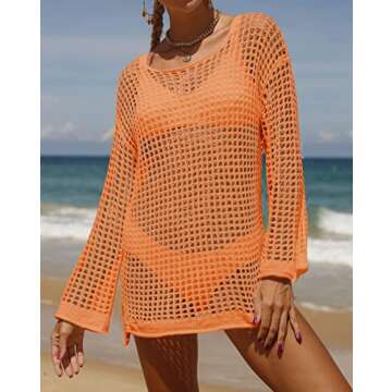 KYLASIEN Women's Swimwear Cover Ups Crochet Long Sleeve Bathing Suit 2023 Summer Loose Hollow Out Knit Swimsuit Casual Beach Bikini Mesh Tunic Tops A Orange