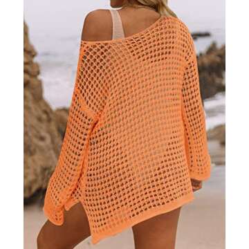 KYLASIEN Women's Swimwear Cover Ups Crochet Long Sleeve Bathing Suit 2023 Summer Loose Hollow Out Knit Swimsuit Casual Beach Bikini Mesh Tunic Tops A Orange