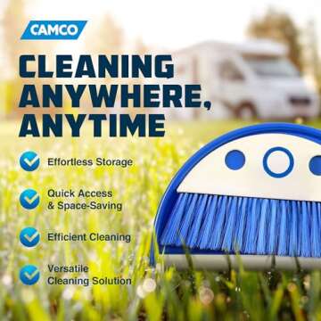 Camco Dust Pan with Whisk Broom-Whisk Broom Snaps into Dust Pan After Use|Hanger Hole for Convenient Storage|Excellent for Traveling,RVs,Campers Campsites,Dorm Rooms&More-(43945),Blue,1 Size
