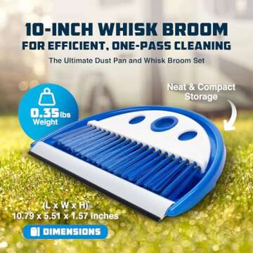 Camco Dust Pan with Whisk Broom-Whisk Broom Snaps into Dust Pan After Use|Hanger Hole for Convenient Storage|Excellent for Traveling,RVs,Campers Campsites,Dorm Rooms&More-(43945),Blue,1 Size