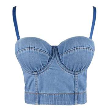 ELLACCI Women's Denim Bustier Crop Top Jean Corset Top Bra with Detachable Straps Small