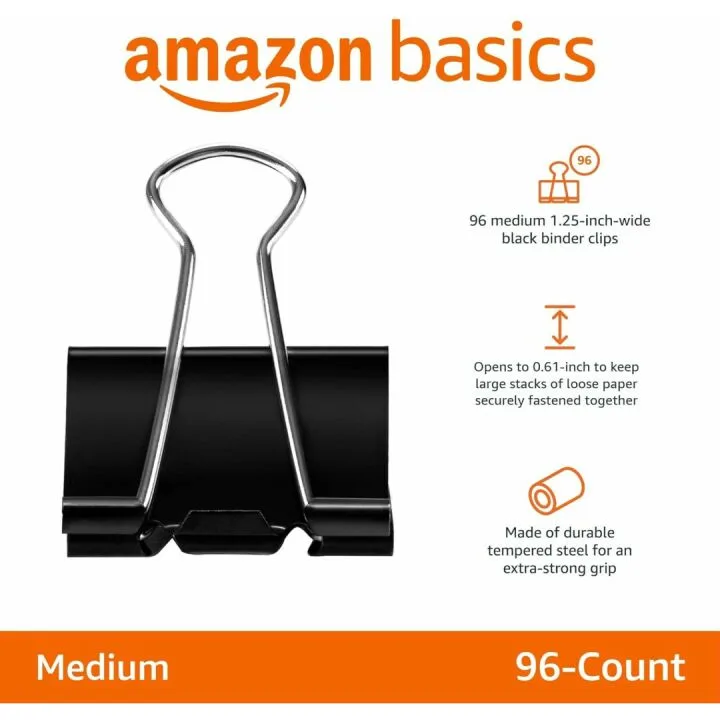 Amazon Basics Binder Paper Clips - 96 Count Medium Black