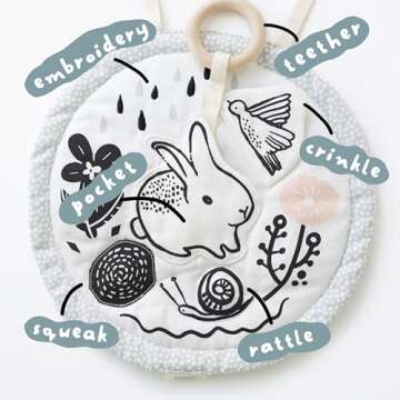 Wee Gallery Organic Meadow Activity Pad - High Contrast Tummy Time Play Mat with 6 Interactive Activ...