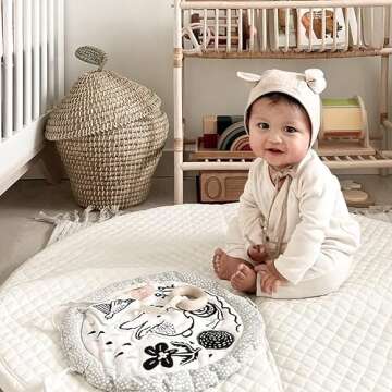 Wee Gallery Organic Meadow Activity Pad - High Contrast Tummy Time Play Mat with 6 Interactive Activities - Soft Sensory Toys for Babies - Visual & Motor Skill Development Toy