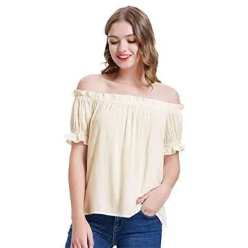 KANCY KOLE Womens Casual Short Sleeve Ruffle Off Shoulder Tops Cotton Blouse Shirt (XL,Apricot)