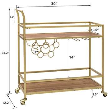 FLORA Gold Bar Cart for Home with 2 Shelves, Mini Liquor Serving Wine Cart with Handle Rack for Chri...