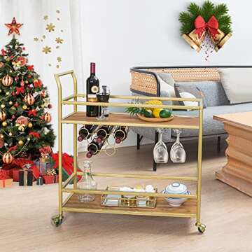 FLORA Gold Bar Cart for Home with 2 Shelves, Mini Liquor Serving Wine Cart with Handle Rack for Christmas, Kitchen, Party, Dining Room, Living Room, 30" Lx12 Wx32 H