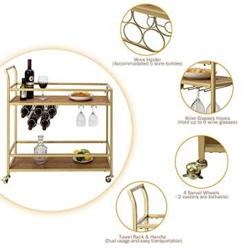 FLORA Gold Bar Cart for Home with 2 Shelves, Mini Liquor Serving Wine Cart with Handle Rack for Christmas, Kitchen, Party, Dining Room, Living Room, 30" Lx12 Wx32 H