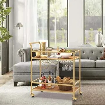 FLORA Gold Bar Cart with Elegant Glass Shelves for Home