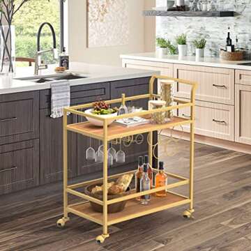FLORA Gold Bar Cart for Home with 2 Shelves, Mini Liquor Serving Wine Cart with Handle Rack for Christmas, Kitchen, Party, Dining Room, Living Room, 30" Lx12 Wx32 H