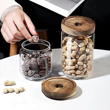 MOLADRI 720ML/24Oz Clear Cute Glass Storage Canister Holder with Stackable Airtight Wood Lid, Modern Decorative Container Jar for Coffee, Spice, Candy, Salt, Cookie, Condiment, Pepper, Sugar
