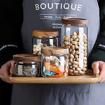MOLADRI 720ML/24Oz Clear Cute Glass Storage Canister Holder with Stackable Airtight Wood Lid, Modern Decorative Container Jar for Coffee, Spice, Candy, Salt, Cookie, Condiment, Pepper, Sugar